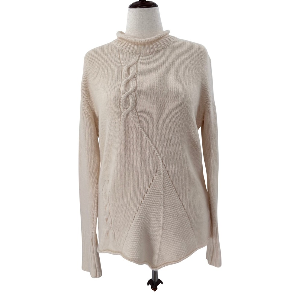 TIVOLI Irish‎ Lambswool Blend Women Cream Cable Knit Mock Roll Neck Sweater L XL